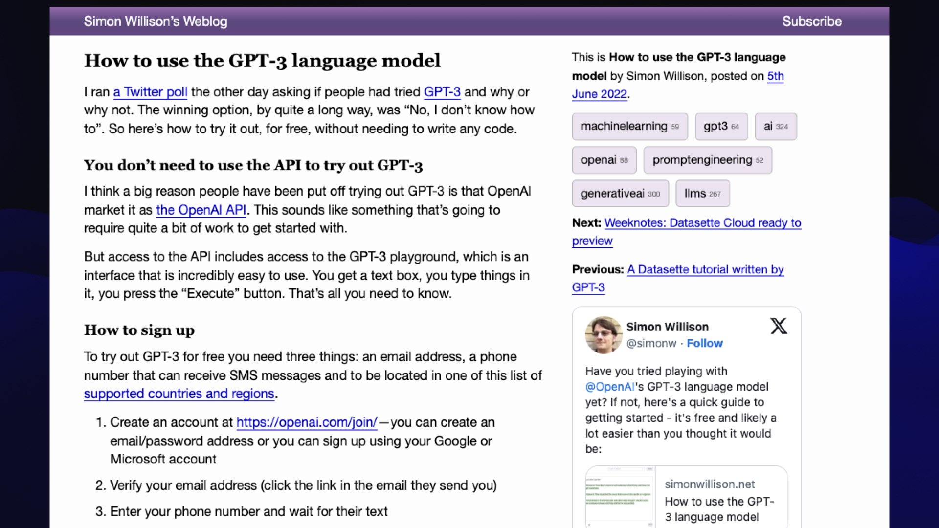 Simon Willison’s Weblog How to use the GPT-3 language model, posted on 5th June 2022.