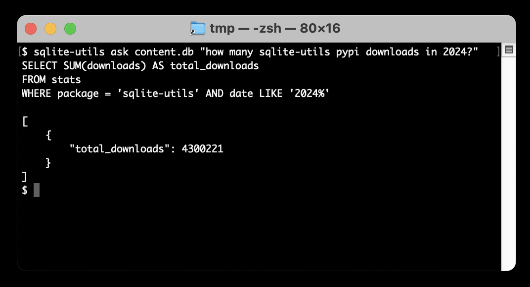 Visit Ask questions of SQLite databases and CSV/JSON files in your terminal