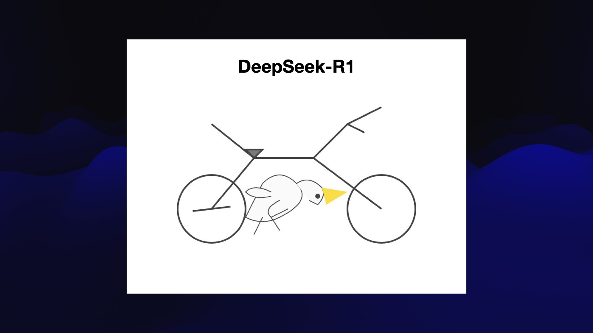 DeepSeek-R1. The bicycle has wheels and several lines that almost approximate a frame. The pelican is stiff below the bicycle and has a triangular yellow beak.